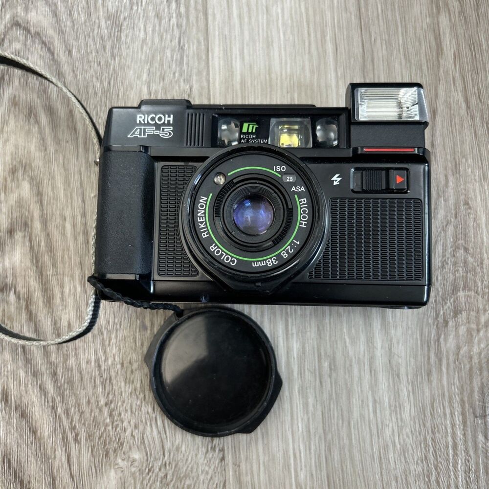 Ricoh AF-5 35mm Film Camera 38mm f/2.8 Rikenon Lens w/ Cap Strap Tested Works
